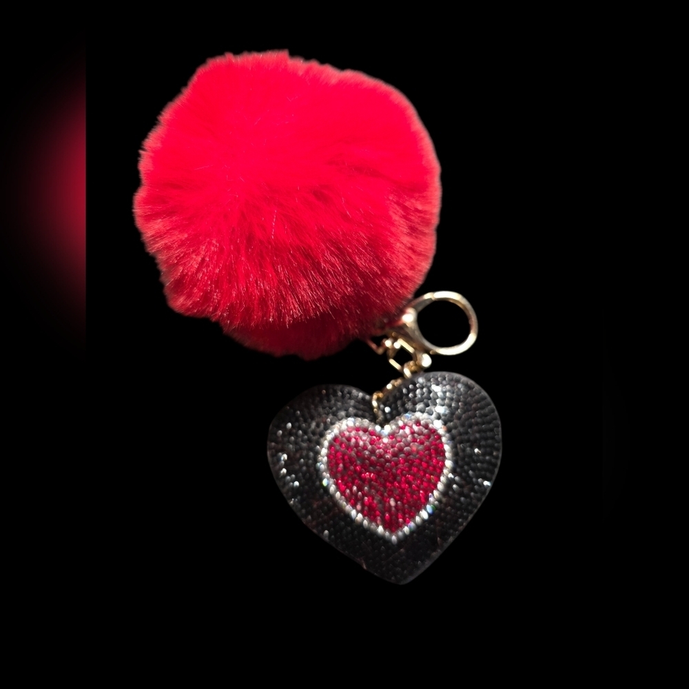 Red Pom Pom Heart Bag Charm Keychain